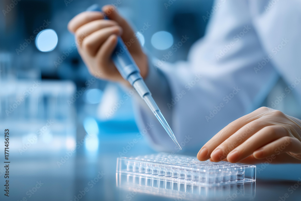 Lab Tech Face Less Scientist pipetting samples into microplate defocused lab, faceless ...