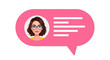 © imran - A modern vector illustration of a woman's avatar with glasses inside a pink speech bubble, symbolizing online chat, social media messaging, or a user comment