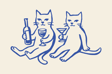 Naklejka na meble two cats drinking wine doodle sketch minimal line drawing vector illustration
