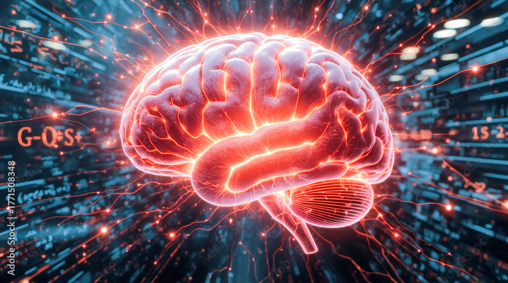Human brain digital illustration. Electrical activity, flashes and ...