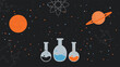 © Town GFX - Creative science and astronomy background featuring laboratory flasks planets constellations and atomic symbols on a dark space theme perfect for education research and technology designs