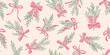© Anna Volkova - hand drawn seamless christmas pattern with pine branches and pink bows, cozy coquette background for wrapping paper, greeting cards and holiday textile design