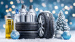 © Aleksey - Realistic Christmas composition: car tires and bottles of automotive fluids on snow, adorned with fir branches, ornaments and a mini tree, with festive bokeh lights. Perfect for auto shops and winter