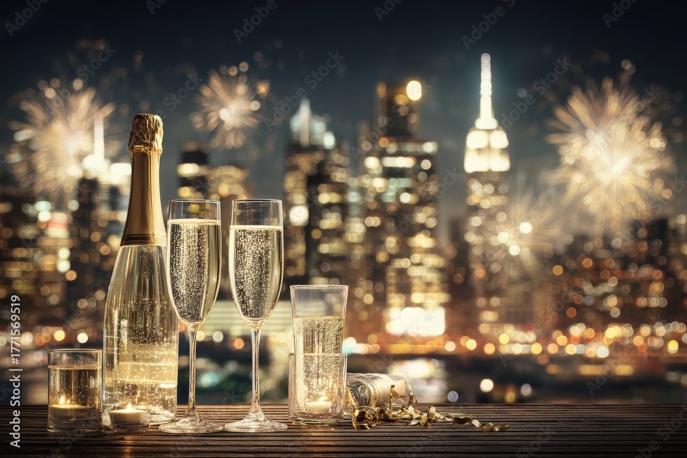 Sparkling drinks sit on a table with a city skyline illuminated by colorful fireworks. The scene captures a festive atmosphere perfect for welcoming the New Year with friends and family.