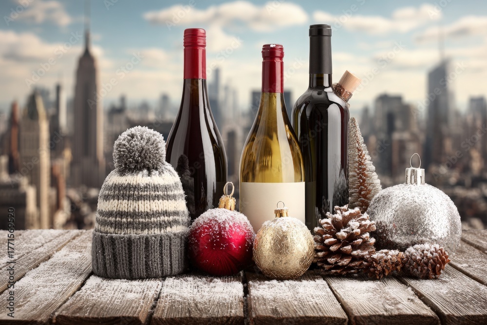 A cozy arrangement shows several bottles of wine alongside festive decorations. The setting is on a wooden table with a city skyline visible in the background. This captures a warm winter atmosphere.