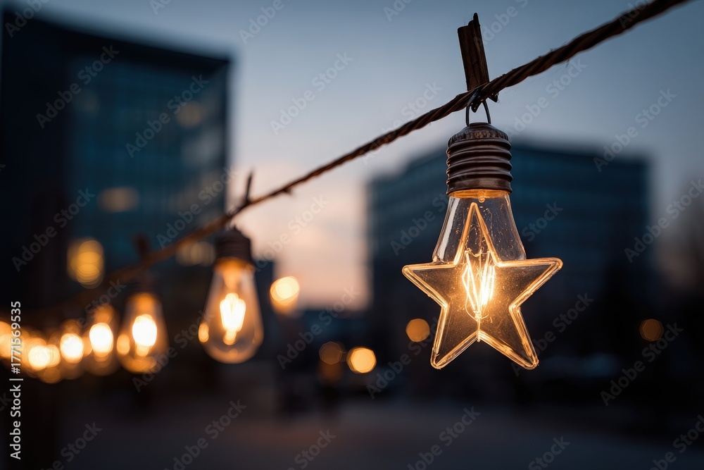 Star-shaped lights hang from a wire against a dusky sky, casting a warm glow in an urban environment. The scene captures a serene evening atmosphere with soft light.