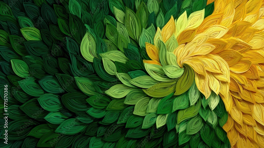 Bright green and yellow leaves swirl together in a beautiful abstract pattern. The vibrant colors and shapes form a dynamic display, bringing a sense of natures energy and flow.