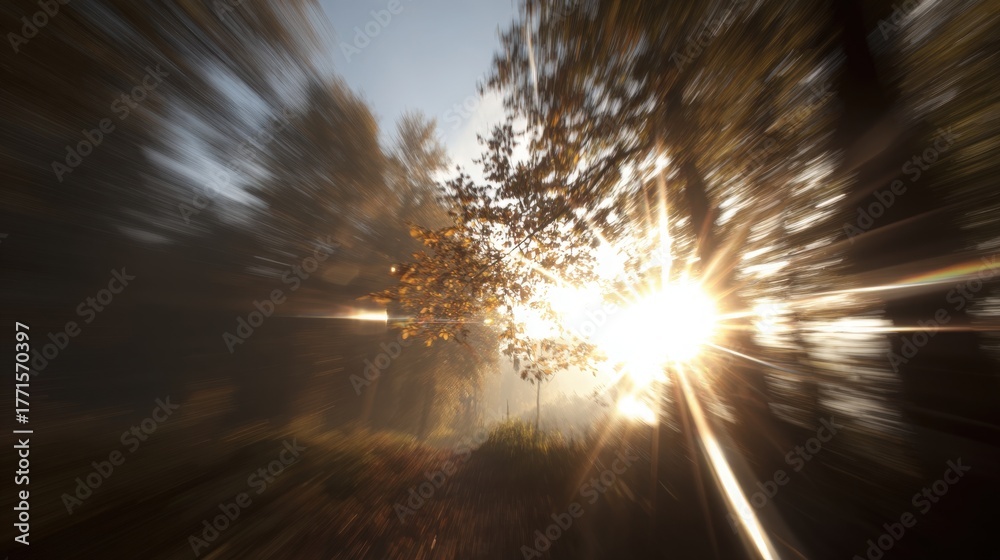 Sunlight breaks through the trees in a forest, creating a stunning display of light and shadows. The scene is calm and serene, evoking the beauty of nature during early morning.
