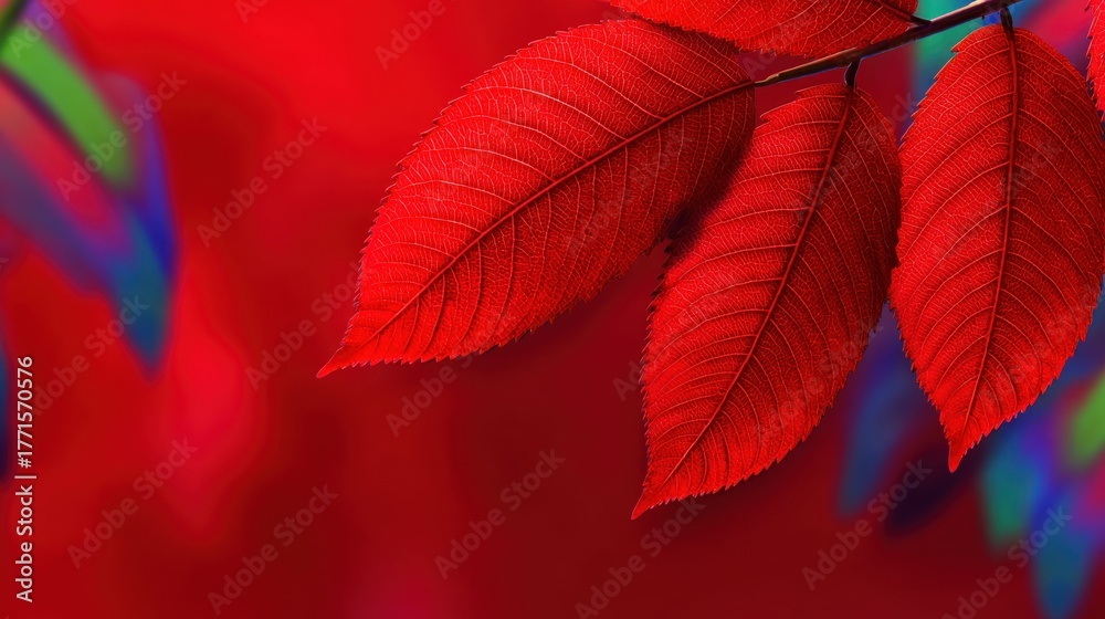 Bright red leaves are prominently displayed, with a soft, colorful background enhancing their vividness. The scene captures the essence of autumn and natures beauty.