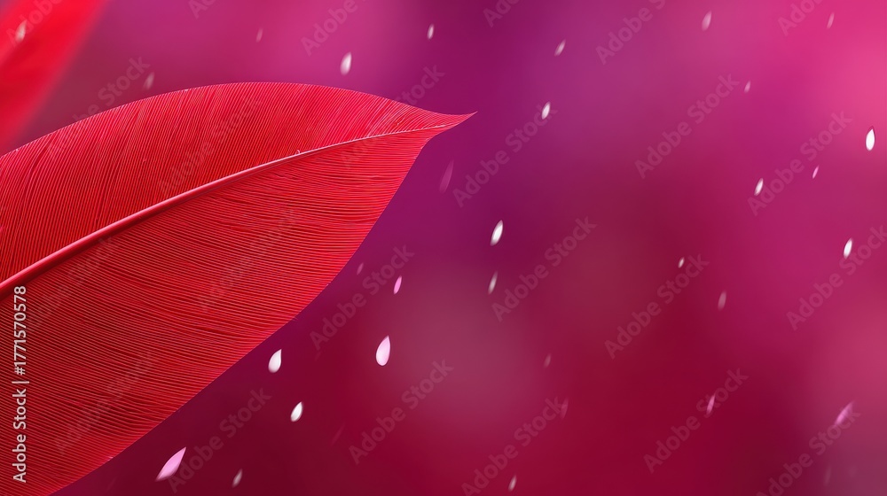 Bright red leaf stands out against a soft pink backdrop with delicate petals drifting down. This serene scene captures the essence of spring and natures beauty.