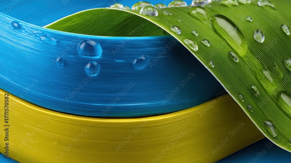 Vibrant ribbons in blue, green, and yellow are layered together, showcasing their smooth texture and shiny surfaces. Water droplets cling to the ribbons, highlighting their vivid colors.