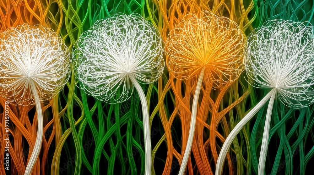 A series of abstract flowers with fluffy, rounded tops stands out against a colorful wavy backdrop. The flowers are in white, yellow, and orange, creating a striking visual contrast.