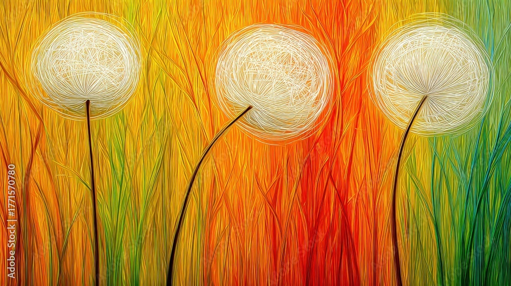 Three vibrant dandelions with fluffy white heads rise against a radiant background of orange, yellow, and green hues. The warm colors create a lively, cheerful atmosphere capturing natures beauty.