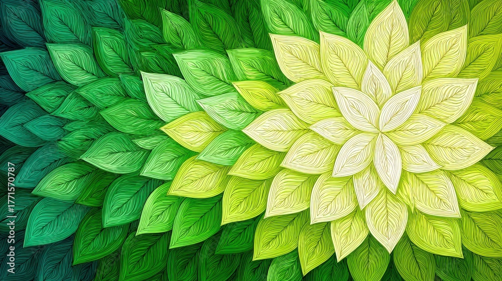 A vibrant arrangement of leaves in various shades of green and yellow creates a textured pattern. The layers of leaves blend together, showcasing natures beauty and diversity.