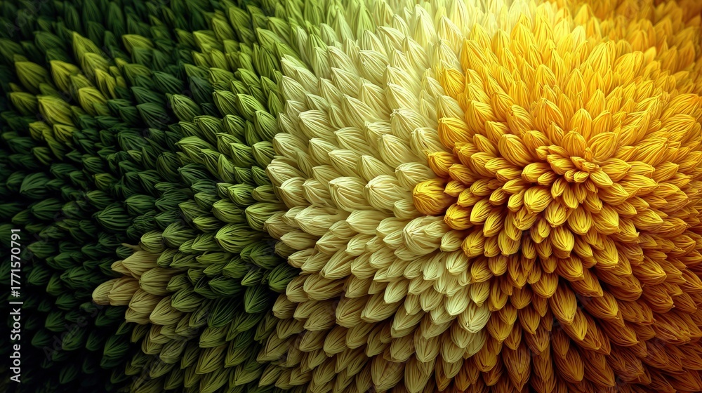 This artwork features a stunning design of tightly arranged petals in vibrant shades of green and yellow. The texture and colors create an eye-catching visual experience.