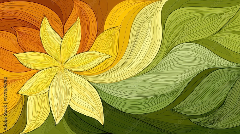 Vibrant floral artwork featuring a large yellow flower surrounded by soft, swirling lines in shades of green, yellow, and orange. The design showcases a harmonious blend of colors.