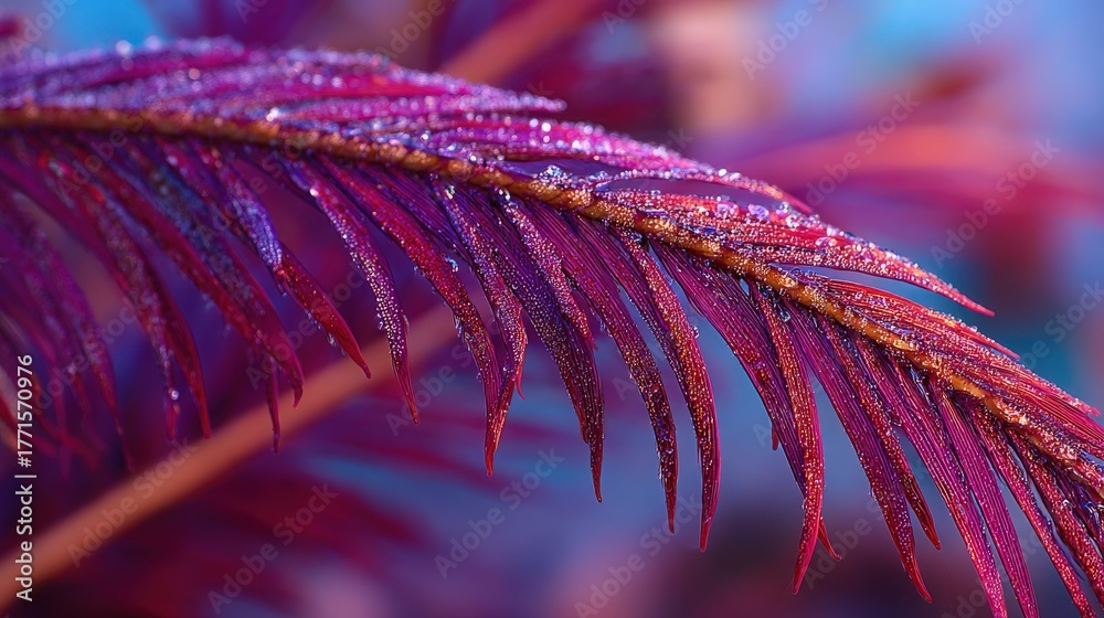 A vibrant purple leaf is detailed with glistening dew drops, set against a blurred background.