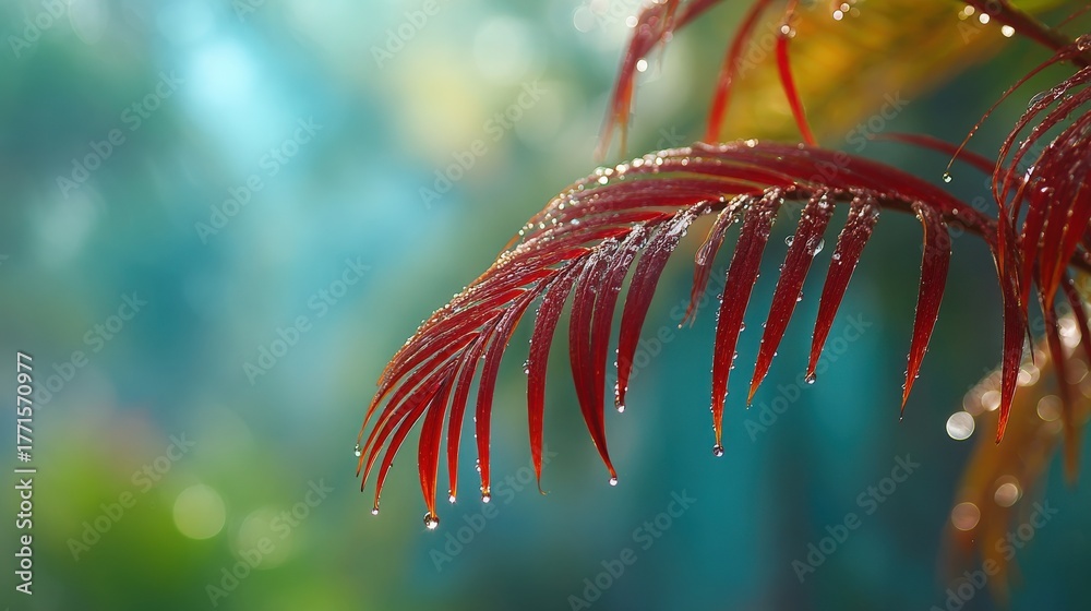 Lush green and vibrant red leaves are visible in a garden, adorned with glistening water droplets. Soft mist surrounds the foliage, creating a tranquil atmosphere in the early morning light.