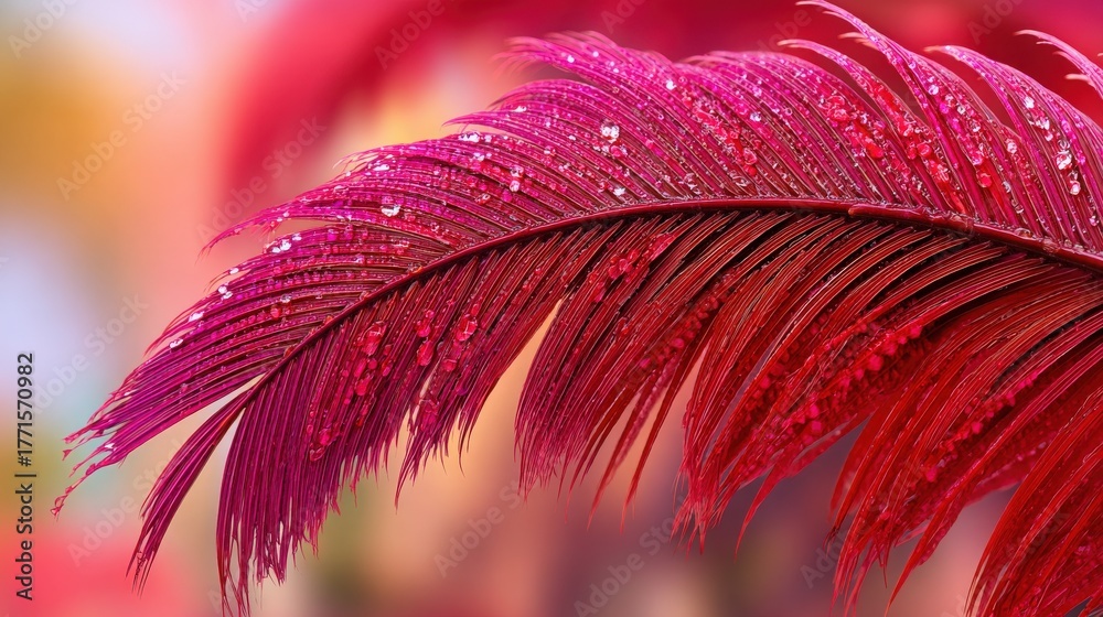 Bright red feather leaves display a stunning array of dew droplets. The vibrant colors create a lively atmosphere, showcasing natures beauty after rain.