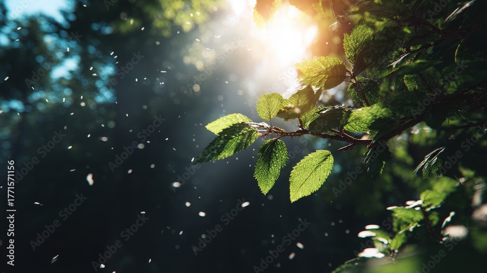 Sunlight shines through vibrant green leaves in a tranquil forest. Tiny particles float in the air, creating a dreamy atmosphere as daylight gently fades.