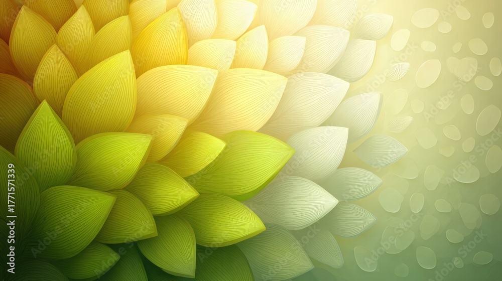 The artwork displays a beautiful arrangement of abstract leaf shapes in various shades of green and yellow. Soft gradients create a calming effect, enhancing the visual appeal.