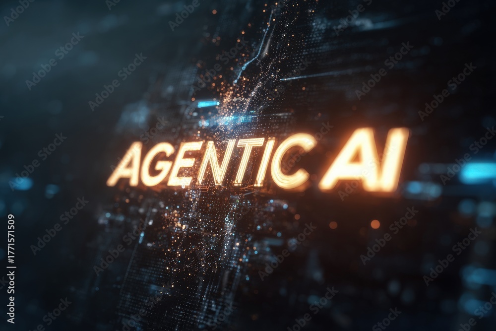 Bright glowing text reads Agentic AI against a dark, abstract background filled with digital patterns and sparks. The scene conveys a futuristic perspective on technology and intelligence.