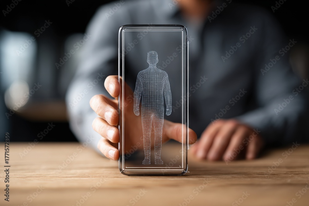 A person holds a transparent smartphone displaying a 3D wireframe model of a human figure. The scene captures a moment of technological demonstration in a modern setting.
