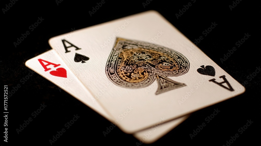 Two playing cards are displayed face up, featuring an ace of spades and an ace of hearts. The cards rest on a black surface, highlighting their intricate designs and vibrant colors.