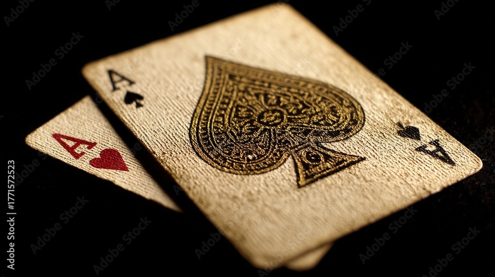 Two playing cards, one ace of spades and one ace of hearts, lie on a black surface. The intricate design captures the attention with its rich colors and detailed patterns, making it visually striking.