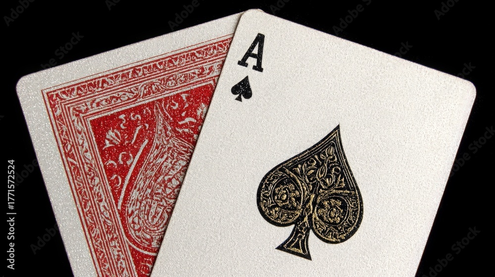 Two playing cards are shown side by side on a black surface. An ace of spades features intricate designs, while the red card has ornate patterns. The setting suggests a game night atmosphere.