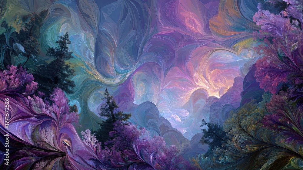 A serene forest scene features swirling colors of purple, pink, and blue, creating a dreamlike atmosphere. Tall trees rise amidst the vibrant hues at dusk, evoking a sense of peace and wonder.