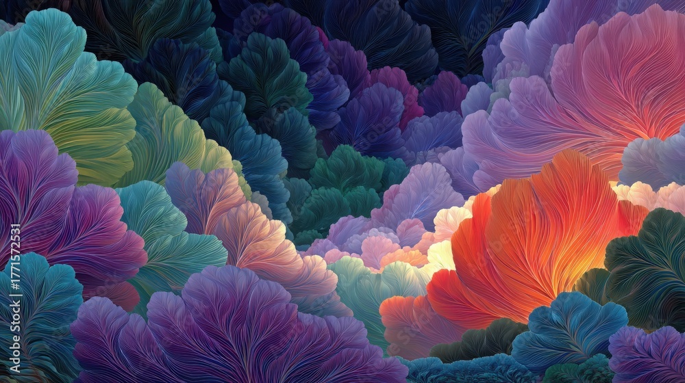 The composition features swirling patterns and vibrant colors that mimic corals in an underwater landscape.