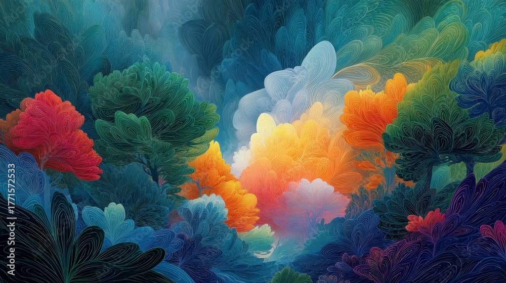 This scene displays a lush forest filled with colorful trees and swirling patterns. Bright oranges, greens, and blues create a dreamlike atmosphere, inviting exploration and wonder.