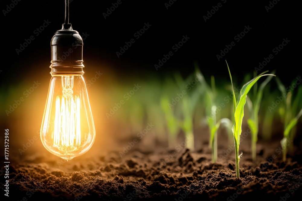 A warm light bulb illuminates young green plants growing in dark soil. The scene captures the contrast between the bright light and the surrounding darkness, highlighting the vitality of the plants.