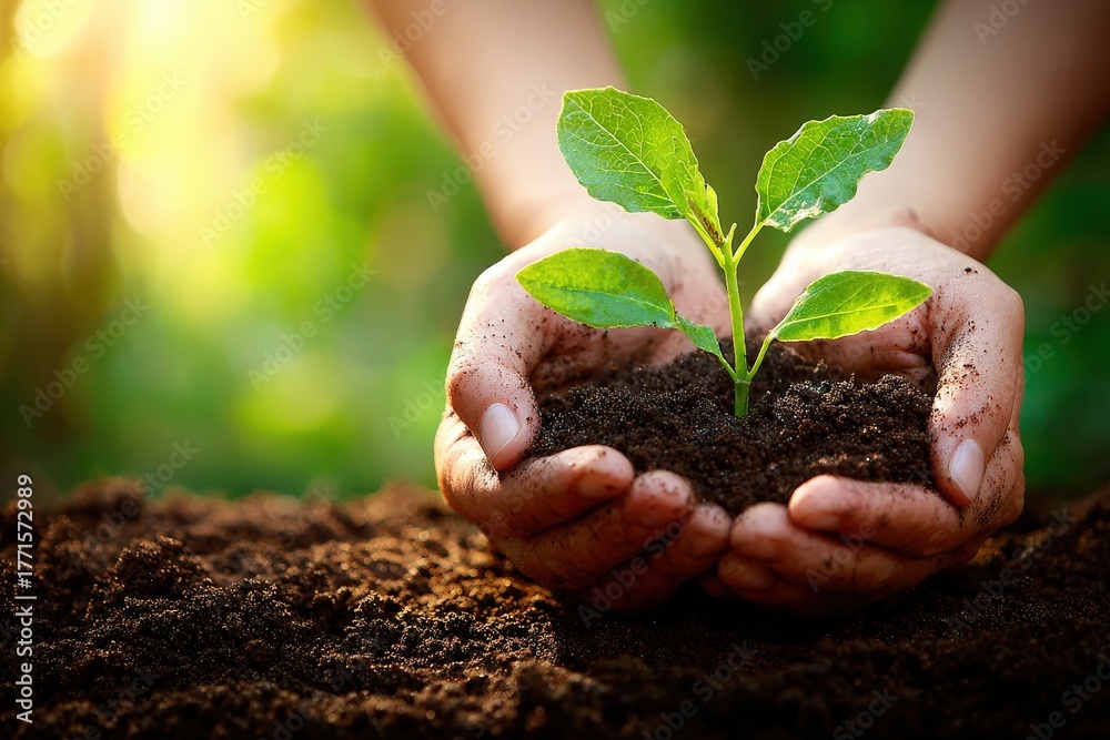 Two hands gently hold a small green plant growing from rich soil. Soft sunlight filters through the background, creating a serene and nurturing environment for the young plant.