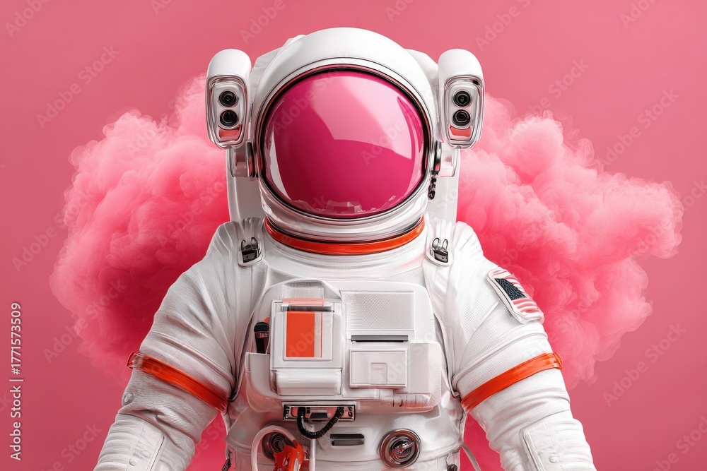 An astronaut is positioned in a white spacesuit with bright orange accents. A vibrant pink background and pink smoke create a striking contrast, adding whimsy to the scene.