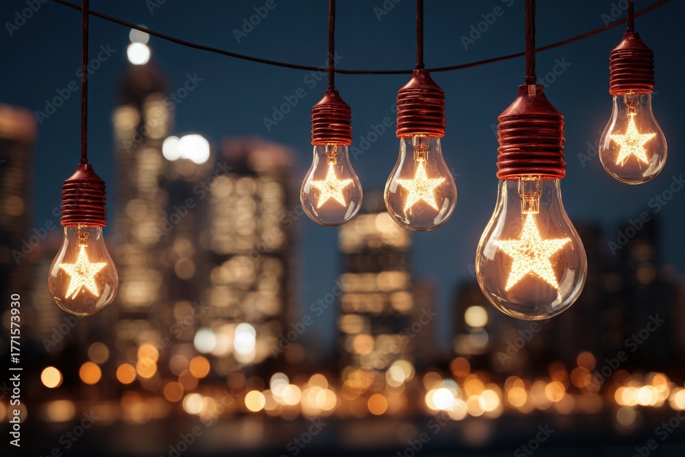 Strands of light bulbs with star-shaped filaments hang in a cityscape as night falls. The background features blurred buildings and warm lights, creating a cozy atmosphere.