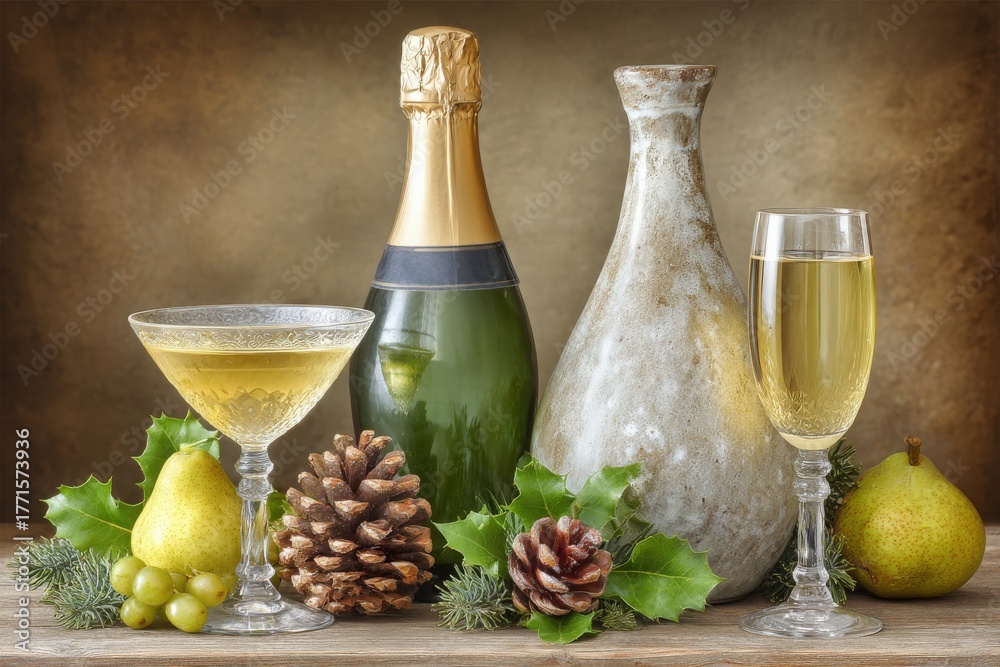 Sparkling drinks are arranged on a wooden table along with green pears, pinecones, and holly. The warm backdrop adds a festive touch, perfect for holiday celebrations or gatherings.