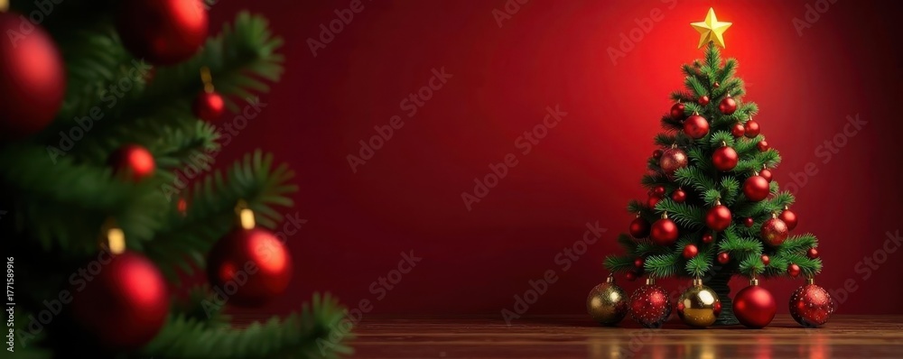 Simple Christmas tree, red and gold ornaments , glitter, high ...