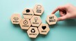 © QuiinL - Hand placing a wooden hexagon block labeled 'Soft Skills' among other key attributes like communication, creativity, and leadership on a teal background.