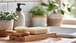 © Jojo - Eco-Friendly Solid Dish Soap Bar on Wooden Rack with Wet Brush Bristles in Tiled Sink Area, Morning Realism Concept