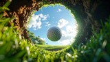 Dramatic perspective from within a golf hole, showcasing a golf ball suspended in the air against a sunny, blue sky background
