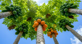 Vibrant papaya trees laden with ripe fruit reaching towards the bright blue sky, perfect for tropical travel and food concepts
