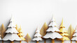 © Yuliia Yevdokymova - Minimalist row of stylized paper craft Christmas trees in white and metallic gold on white background, winter holiday, greeting card with ample copy space