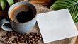 © Kingdola - Morning Coffee and Blank Note: A close-up shot captures the inviting ambiance of a morning coffee setting, featuring a steaming cup, aromatic beans, and a blank note with space for your own message.