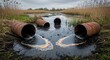 © Being Imaginative - Discarded rusty barrels polluting a wetland, with oil slick spreading on the water surface, highlighting the dangers of industrial waste dumping