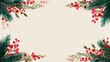 © Vibudhaart - Festive watercolor illustration featuring green pine branches and vibrant red berries, creating a beautiful holiday border on a textured, cream background.