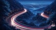 © Alis - Captivating night view of a serpentine mountain road illuminated by vibrant car light trails, cutting through mystical forests and fog, leading to a sprawling city horizon in the distance