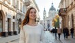 © SUPERARTMAN - Woman walking through historic city street urban lifestyle daytime vibrant atmosphere cheerful perspective