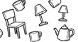 © Arisara - Playful hand-drawn doodle pattern featuring a collection of essential household items like chairs, cups, and lamps, rendered in a charming outline sketch style for creative design